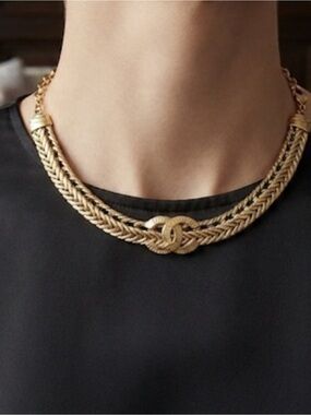 Fashion Jewelry Gold-Tone Braided Double Chain Necklace with Interlocking Emblem